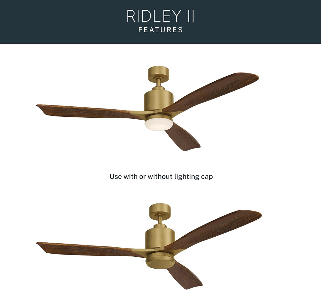 Kichler Ridley II 52' Ceiling Fan and Light Kit in Natural Brass, 3-Blade LED Ceiling Fan in Cherry Finish, 3000K, (52' W x 14.5' H), 300027NBR