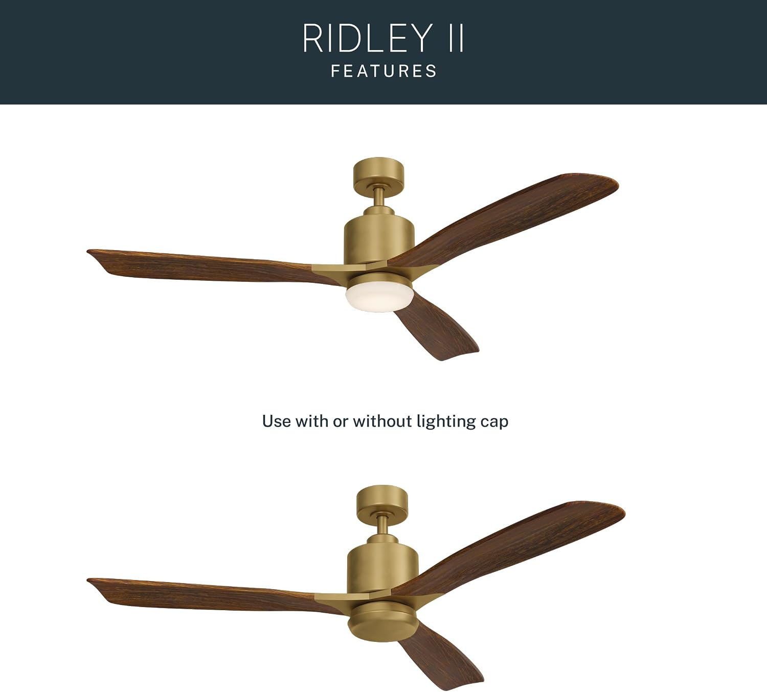 Kichler Ridley II 52' Ceiling Fan and Light Kit in Natural Brass, 3-Blade LED Ceiling Fan in Cherry Finish, 3000K, (52' W x 14.5' H), 300027NBR