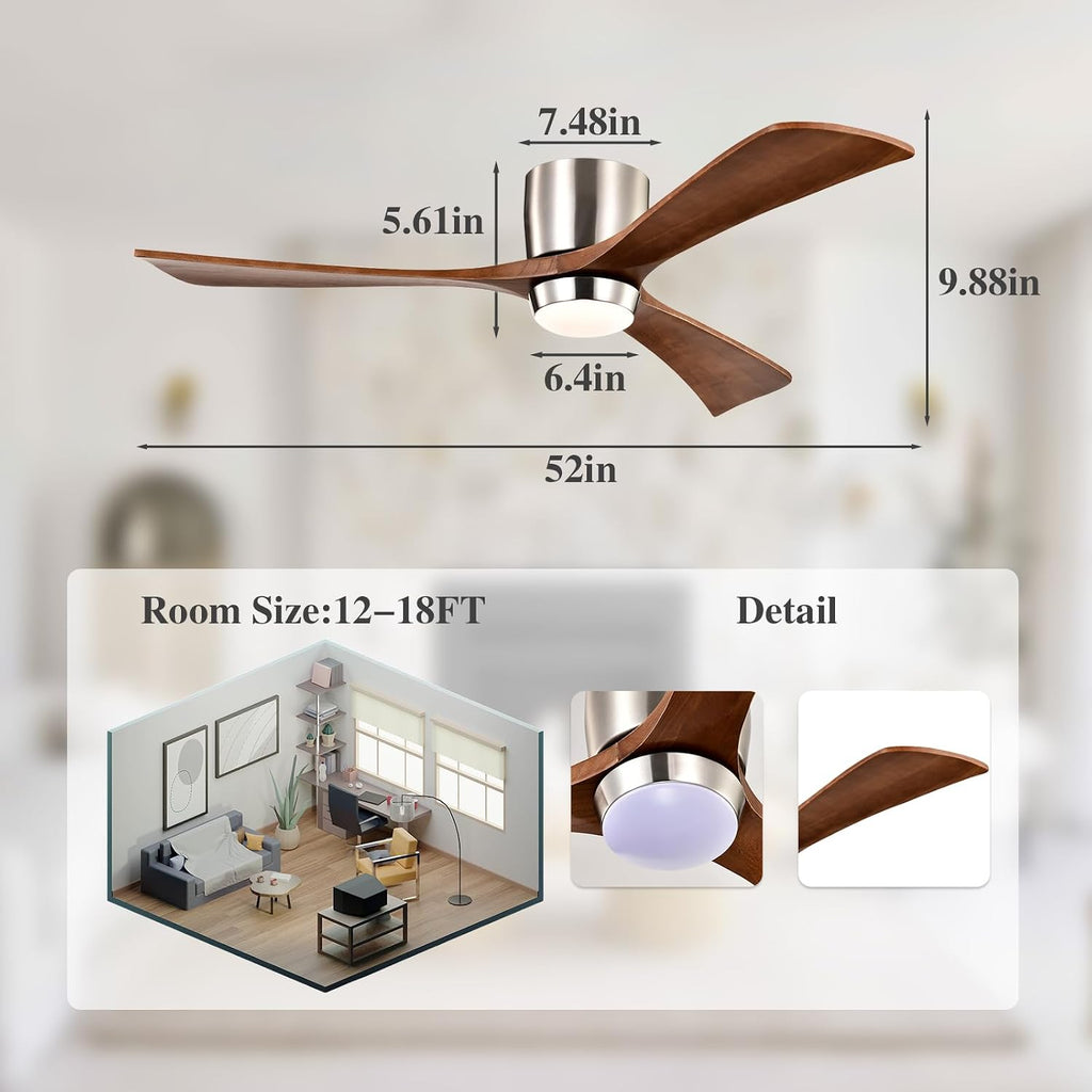 52' Wooden Flush Mount Ceiling Fans with Remote Control, Dimmable Low Profile Chandelier Fan with LED Light Modern Fandelier for Living Room Nickel Walnut
