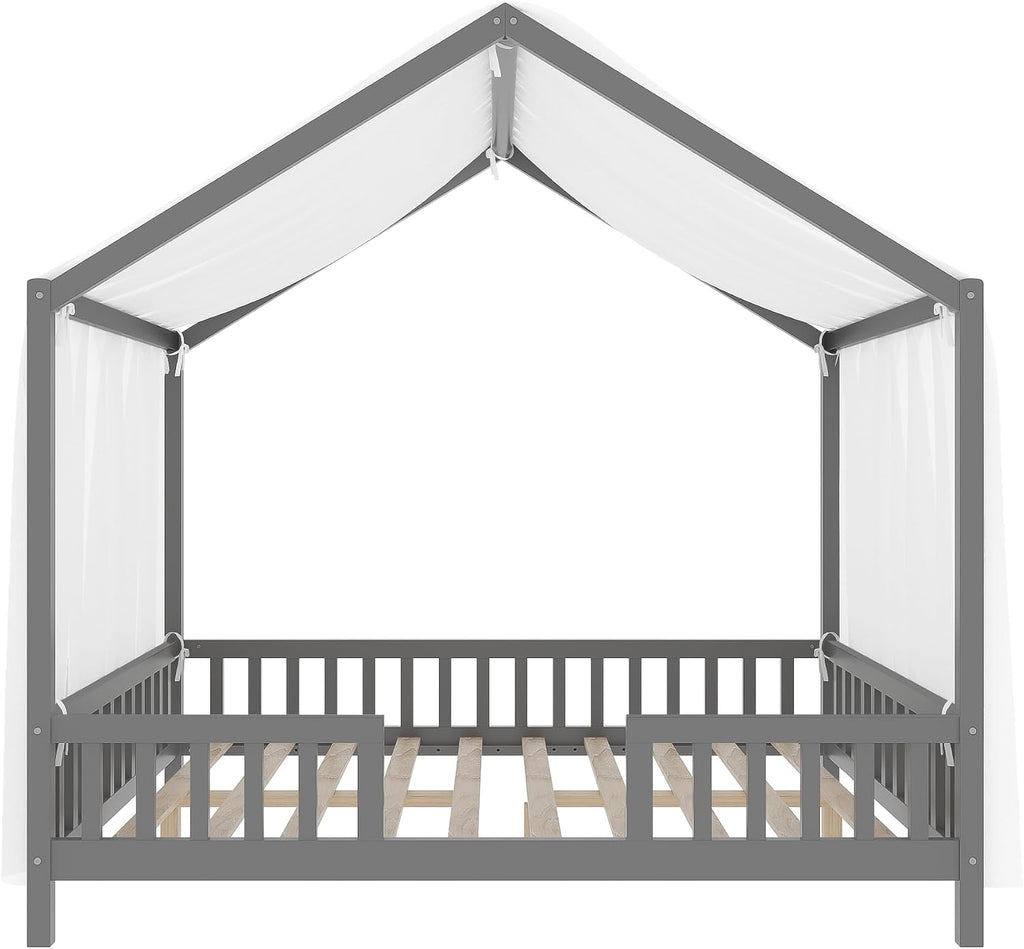 Bellemave Full House BedFrame with Canopy, Montessori Floor Bed, House Bed with Rails for Kids, Gray