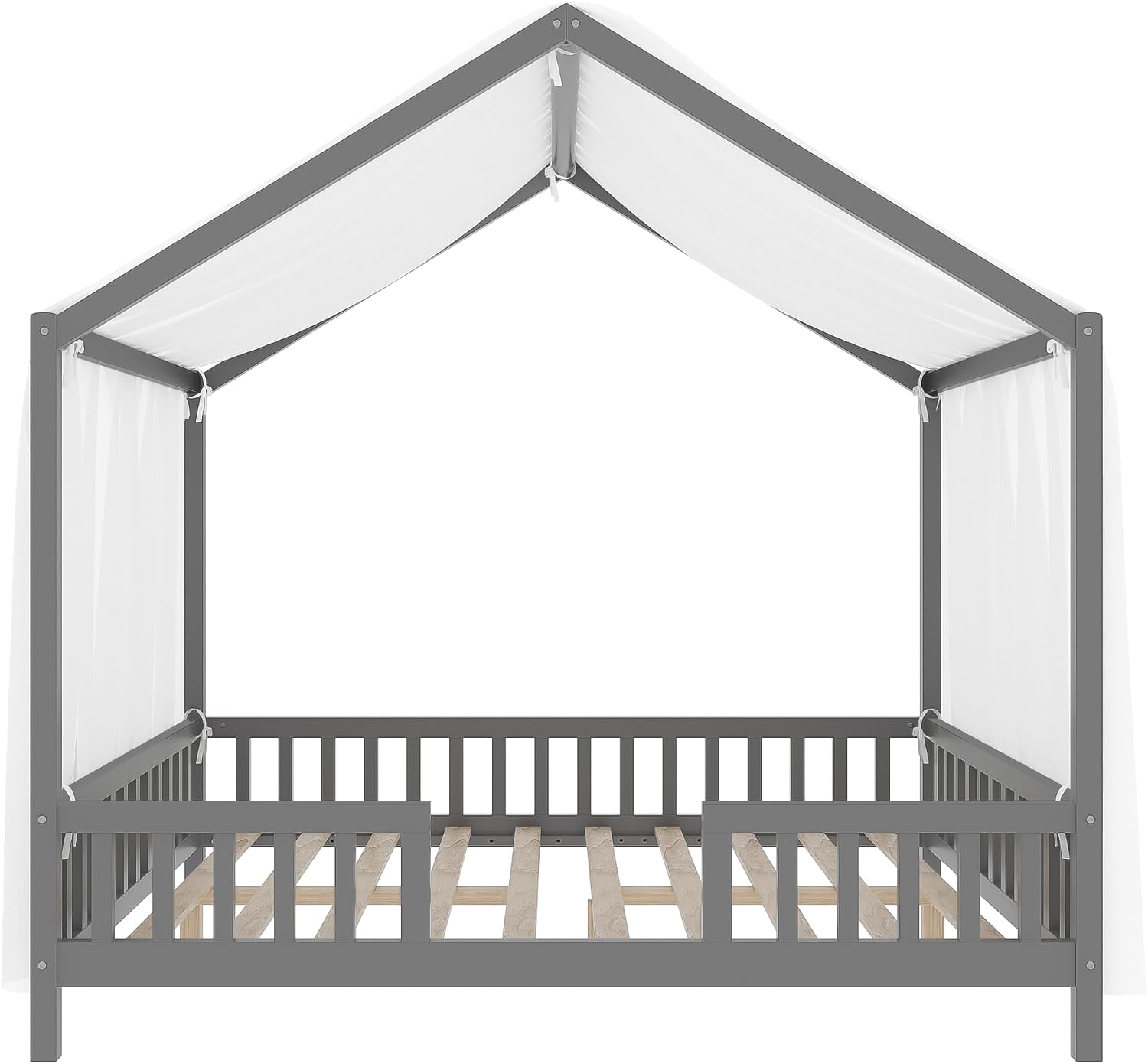 Bellemave Full House BedFrame with Canopy, Montessori Floor Bed, House Bed with Rails for Kids, Gray
