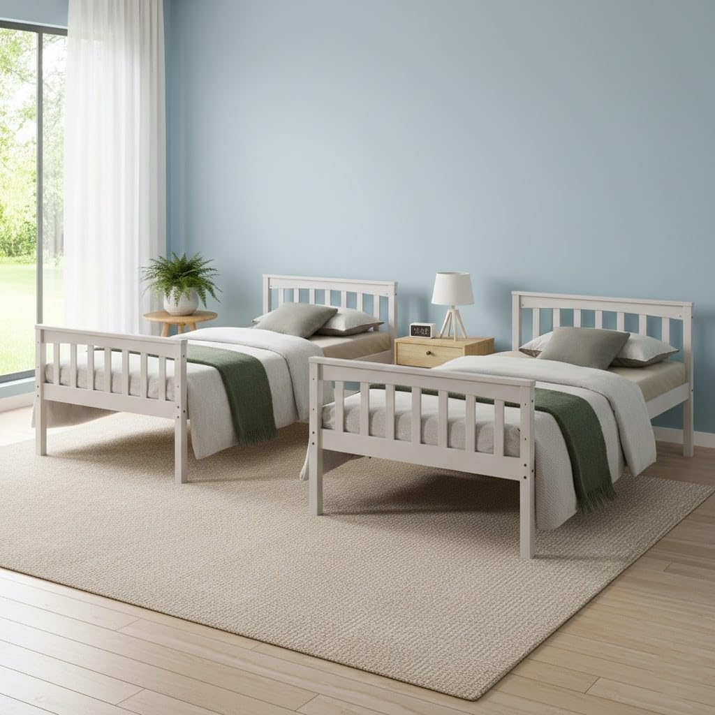 HOME DESIGN Ames Twin Over Twin Solid Wood Standard Bunk Bed with Guardrails and Ladder, Convertible to Two Twin Beds, Antique White
