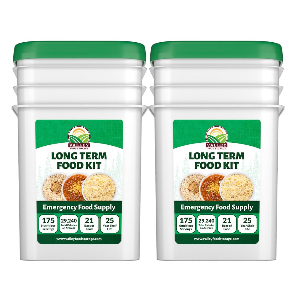 Valley Food Storage Long Term Food Supply Kit | 2 Bucket Emergency Survival Food | 75g+ Daily Protein, 1,800+ Calories Per Day | 25 Year Shelf Life Prepper Food for Camping & Disaster Preparedness