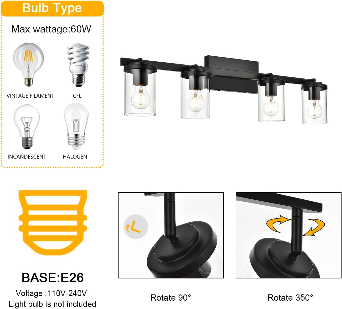 BONLICHT Ceiling Spotlights Track Lighting Kit 4 Light Bathroom Vanity Lighting Black Modern Multi-Directional Ceiling Mount Fixture Industrial Farmhouse Sconces Wall Mount Lamp with Clear Glass Shade