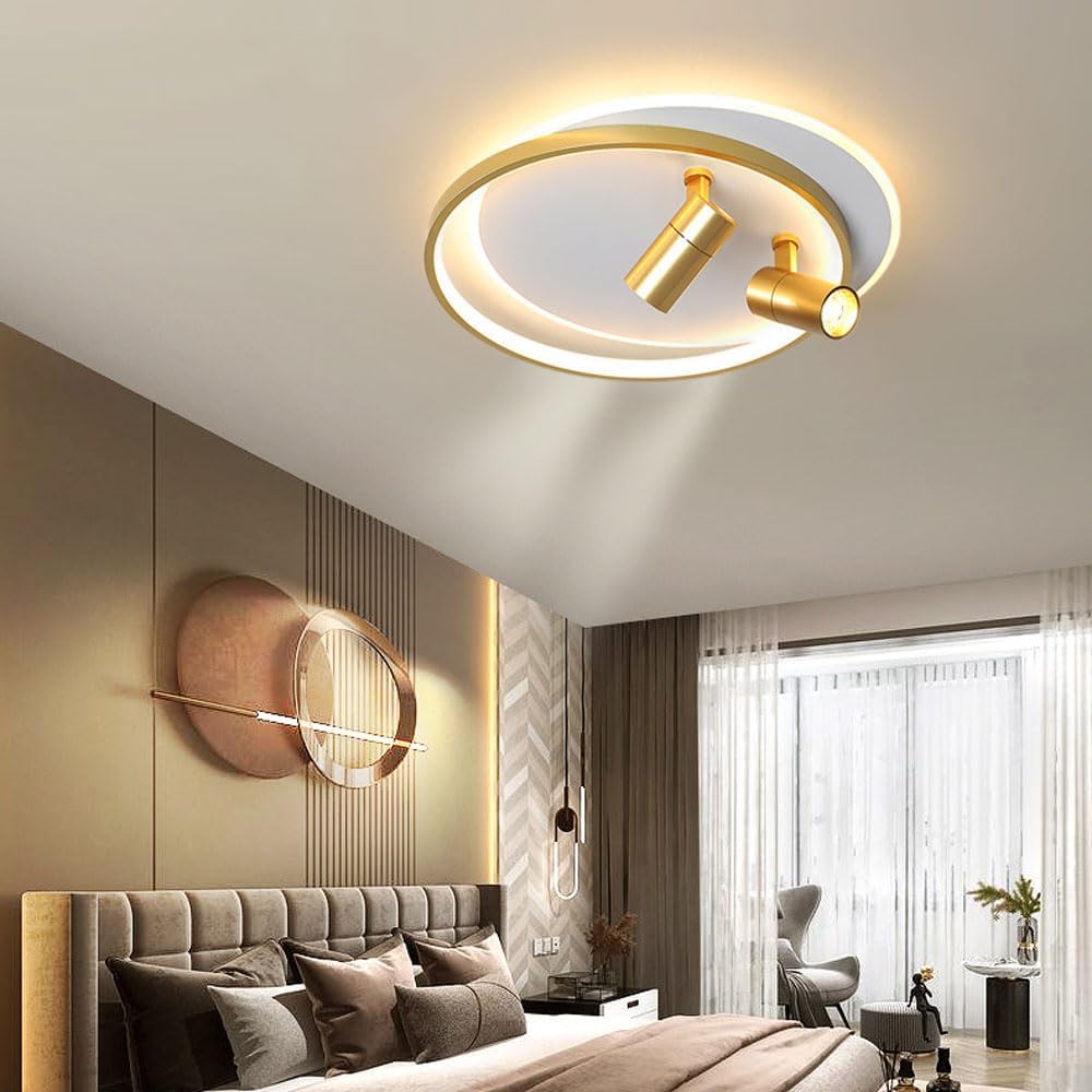 Modern LED Ceiling Light with 2 Spotlights, Dimmable Ring Ceiling Lighting Fixture with Remote Control, Indoor Flush Mount Ceiling Lamp for Bedroom Hallway Dining Room Entryway Kitchen
