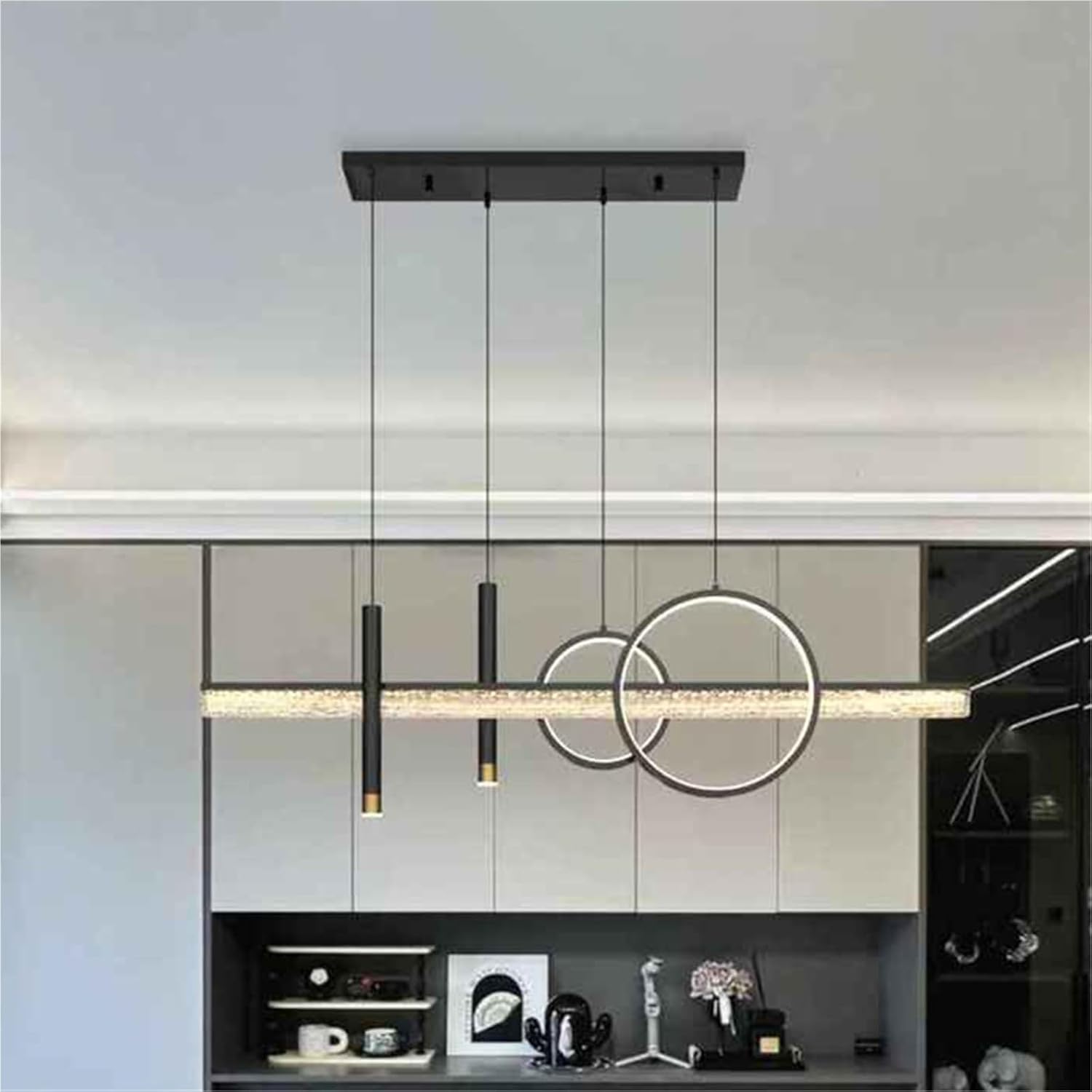 Modern Pendant Chandelier Linear Fixture with 2 Cylindrical Spotlights Black Finish LED Indoor Lighting Dining Room Kitchen Island Pendant Light Stylish(Warm White,120cm)