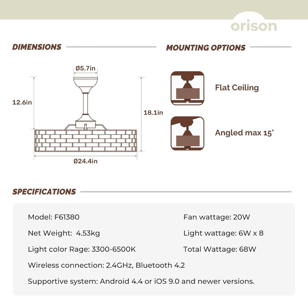 Orison 24' Caged Ceiling Fan with Lights, 2 Ways Control(App&Remote Control), Light Kit Included(8 Bulbs), Modern Farmhouse