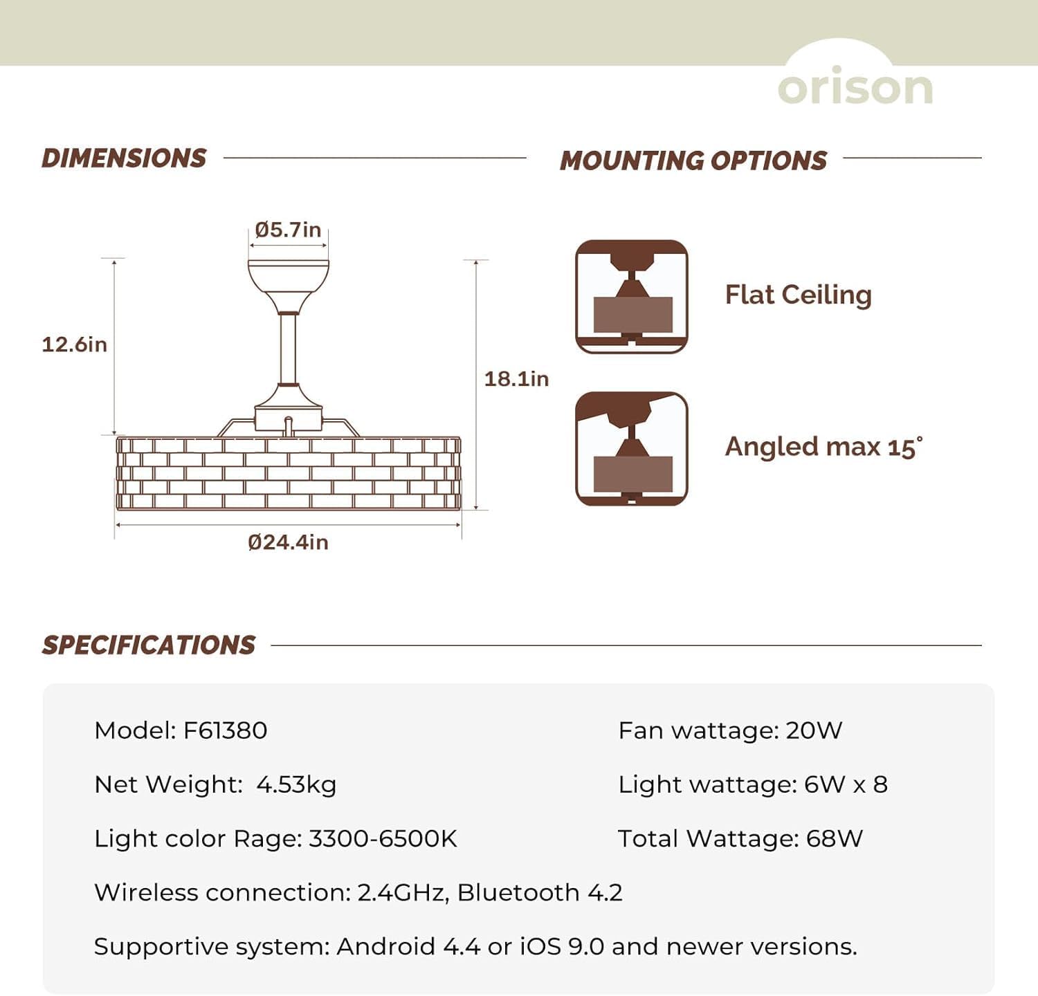Orison 24' Caged Ceiling Fan with Lights, 2 Ways Control(App&Remote Control), Light Kit Included(8 Bulbs), Modern Farmhouse