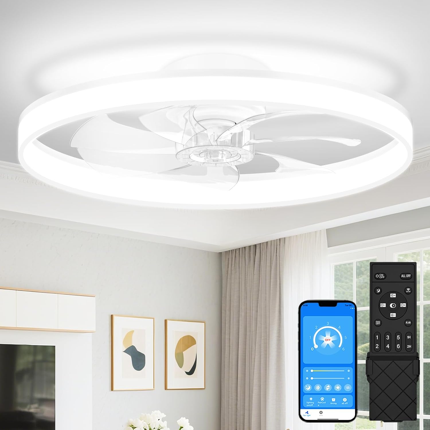 VOLISUN Low Profile Ceiling Fans with Lights and Remote, 24in Fandelier Ceiling Fan Flush Mount, 3000K-6500K Smart Bladeless LED Fan Light, White Modern Ceiling Fans with Lights for Bedroom