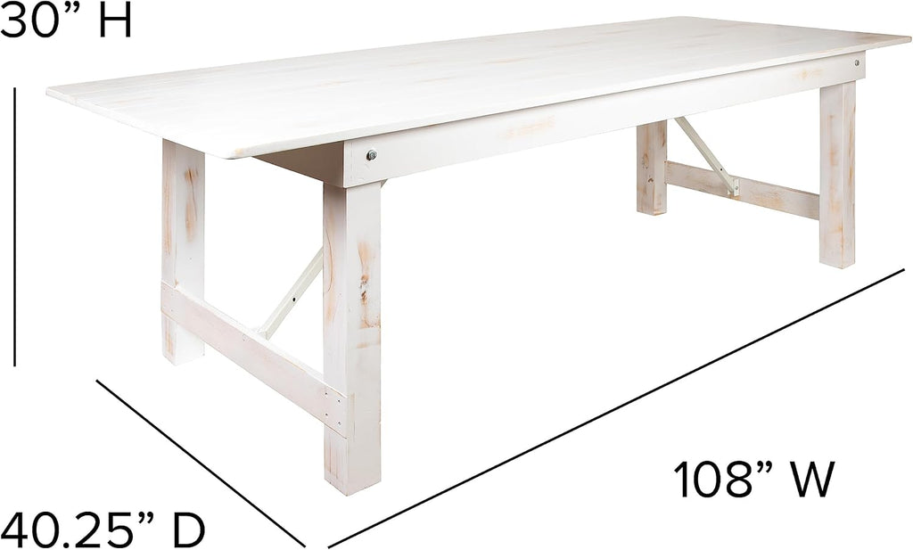 Flash Furniture Hercules Commercial Grade Farmhouse Dining Table | Solid Pine Foldable Table for 10 in Antique Rustic White | Rustic Charm for Home and Events