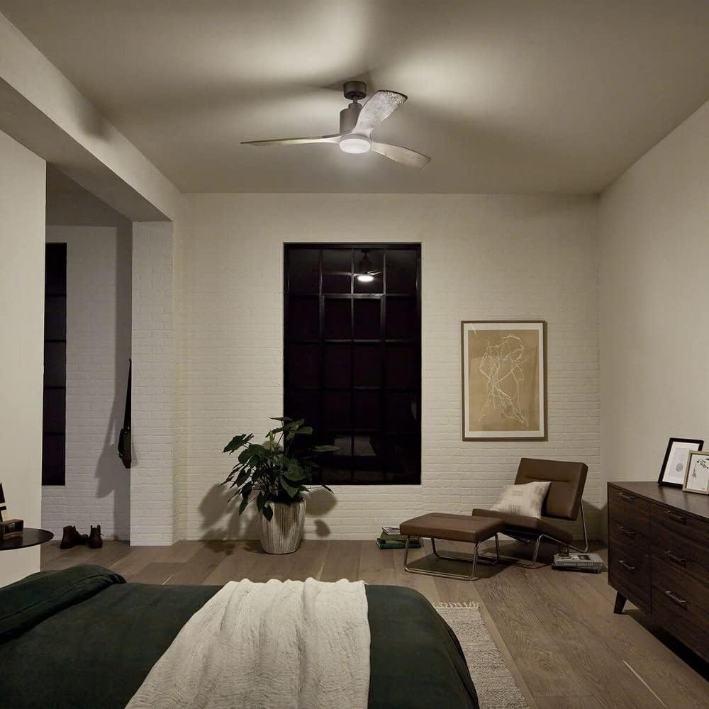 Kichler Ridley II 52 in Ceiling Fan with Light, 3-Blade LED Indoor Modern Mid-Century Fan in Antique Pewter with Weathered White Walnut Blades, Dimmable 3000K Light, 300027AP