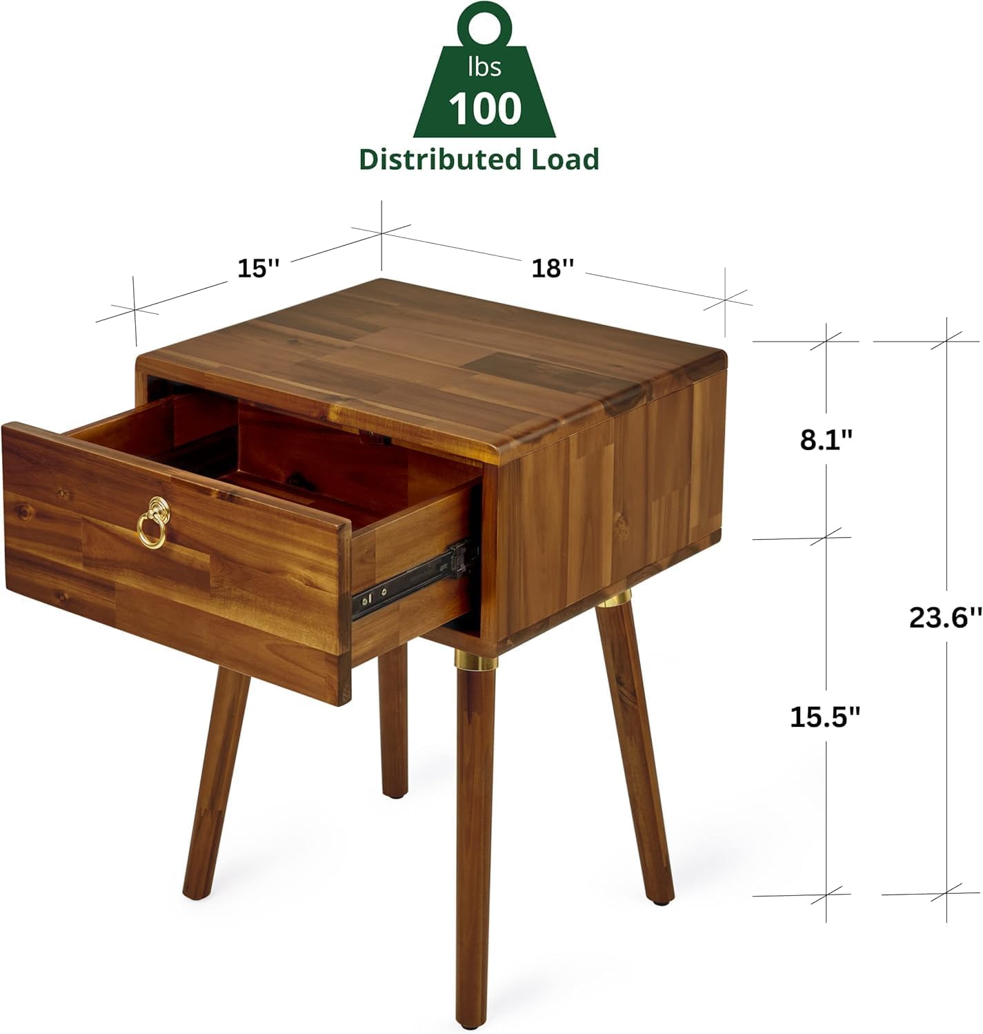 Bme Caden Solid Wood Nightstand/Side Table/End Table, Fully Assembled, with 1-Drawer for Mid Century Bedroom and Living Room, Caramel