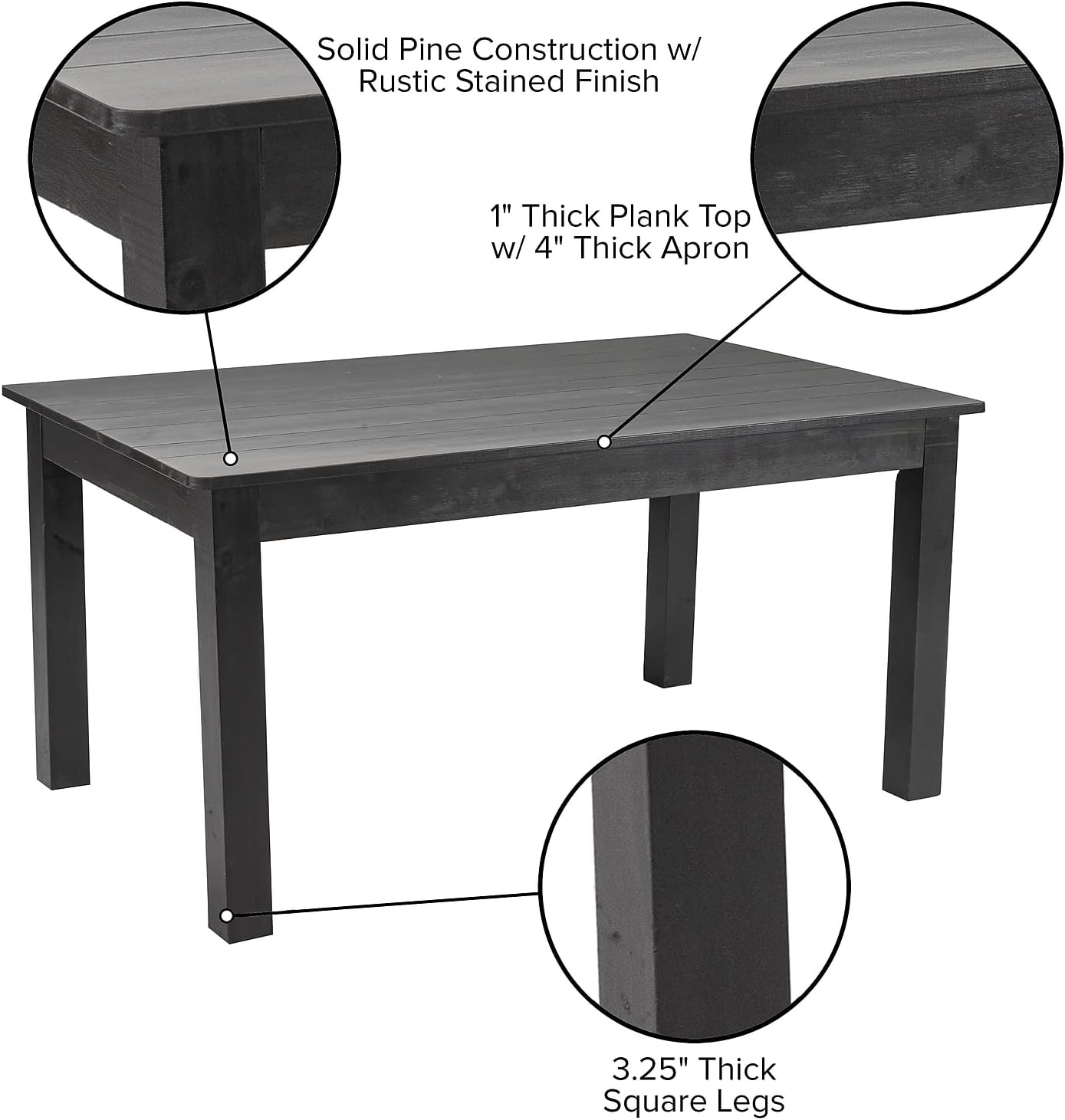 Flash Furniture HERCULES 60' x 38' Rectangular Black Wash Solid Pine Farm Dining Table