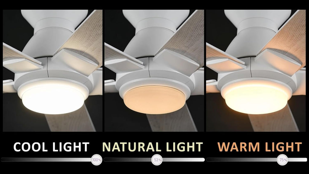 Carro 52 Inch Flush Mount Ceiling Fan without Lights, White Ceiling Fan with Remote, 10-Speed Reversible DC Motor, 5 Dual Finish Blades, 3 Light Colors Dimmable LED, for Bedroom