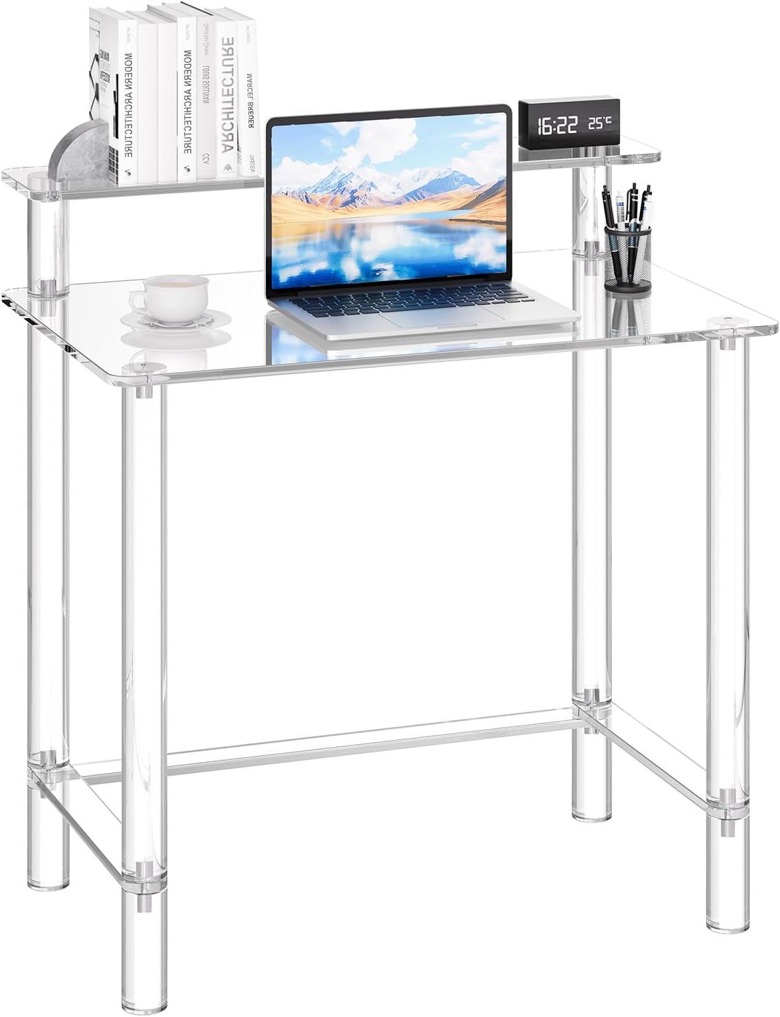 VEVOR Acrylic Desk with Monitor Stand, 2-Tier Clear Table Study Writing Desk, Modern Computer Desk for Home Office, Study, Bedroom Vanity, Living Room, 31.5' W x 19.7'' D x 34.7' H