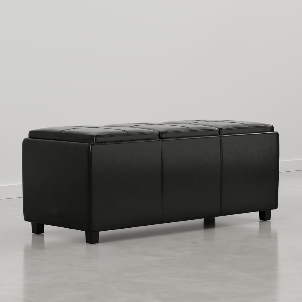 SIMPLIHOME Avalon Storage Ottoman - 42 inch Wide Upholstered Vegan Leather Rectangular Flip-Top Ottoman in Carbon Black, Contemporary Storage Coffee Table Ottoman for Living Room with Hidden Storage