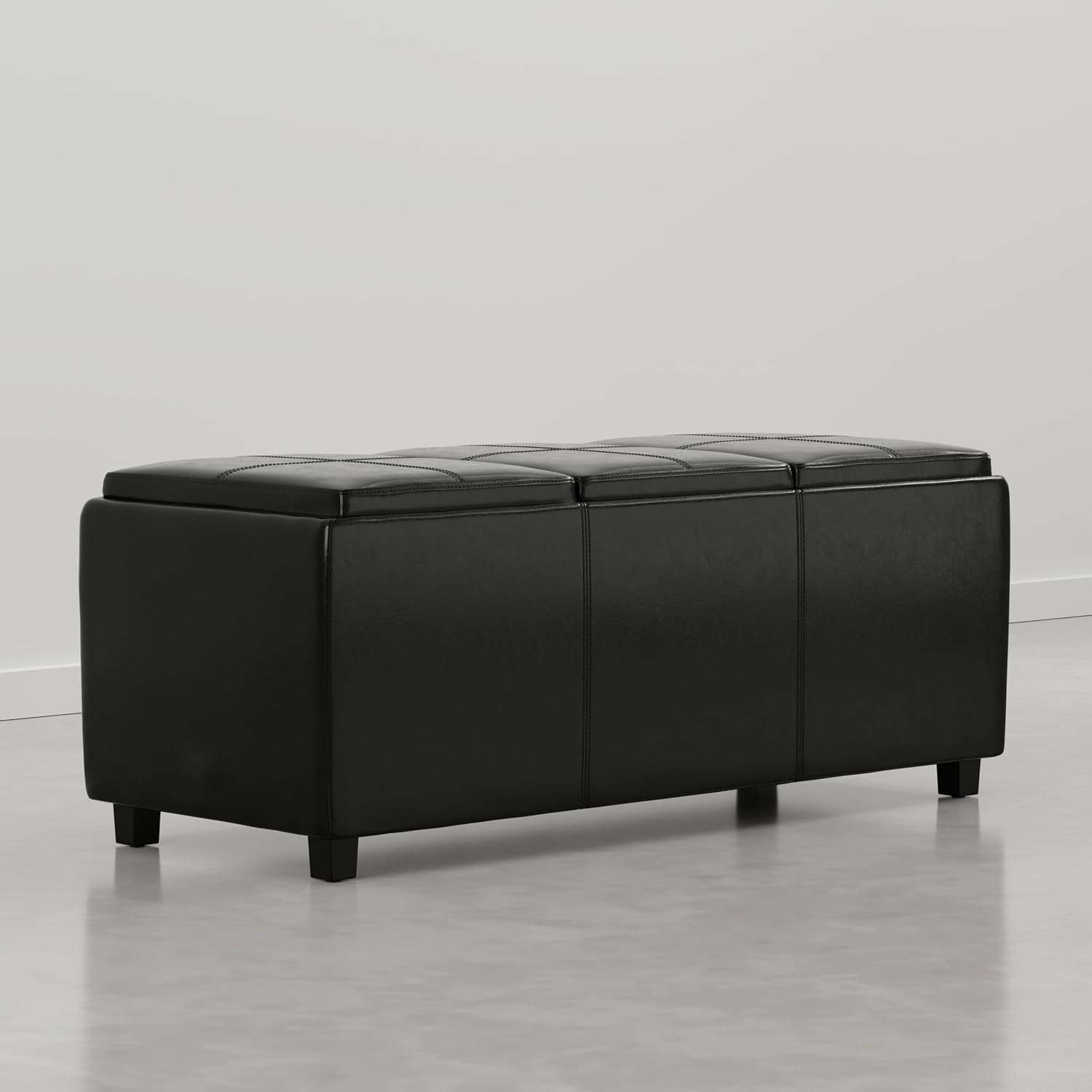 SIMPLIHOME Avalon Storage Ottoman - 42 inch Wide Upholstered Vegan Leather Rectangular Flip-Top Ottoman in Carbon Black, Contemporary Storage Coffee Table Ottoman for Living Room with Hidden Storage