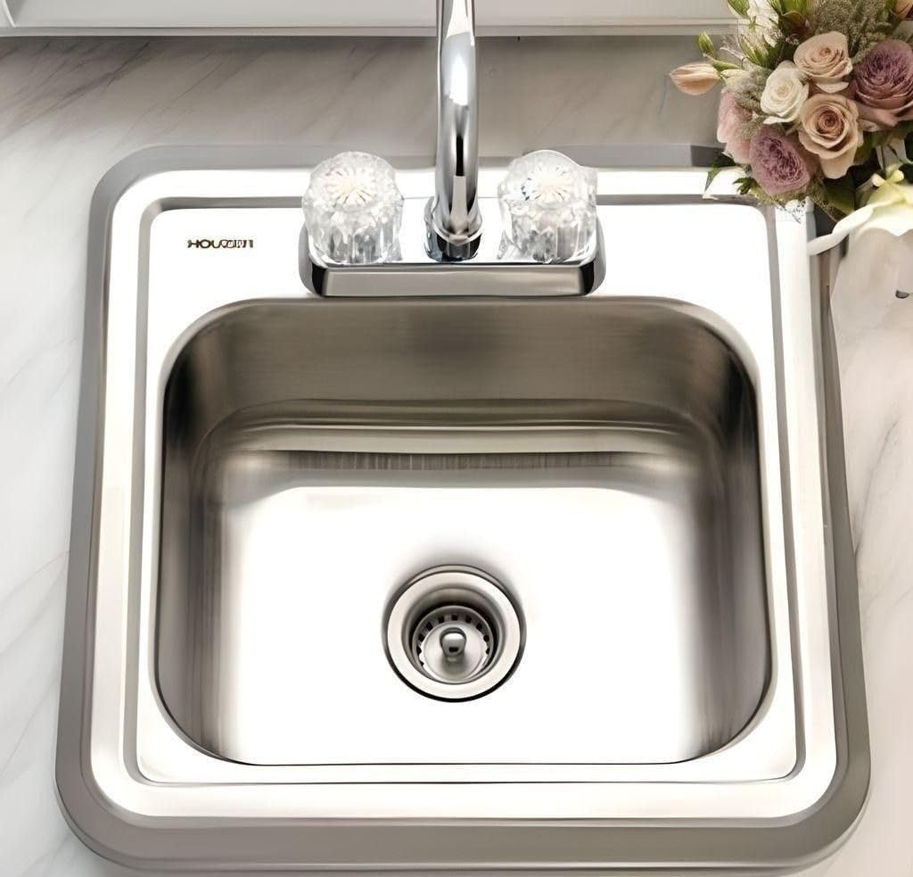 Houzer Hospitality Stainless Steel Bar & Prep Sink: 15 Inch Drop-In Topmount 2-Hole Sink for Bar & Kitchen, Durable & Versatile, Essential for Home & Apartment: 1515-6BS-C