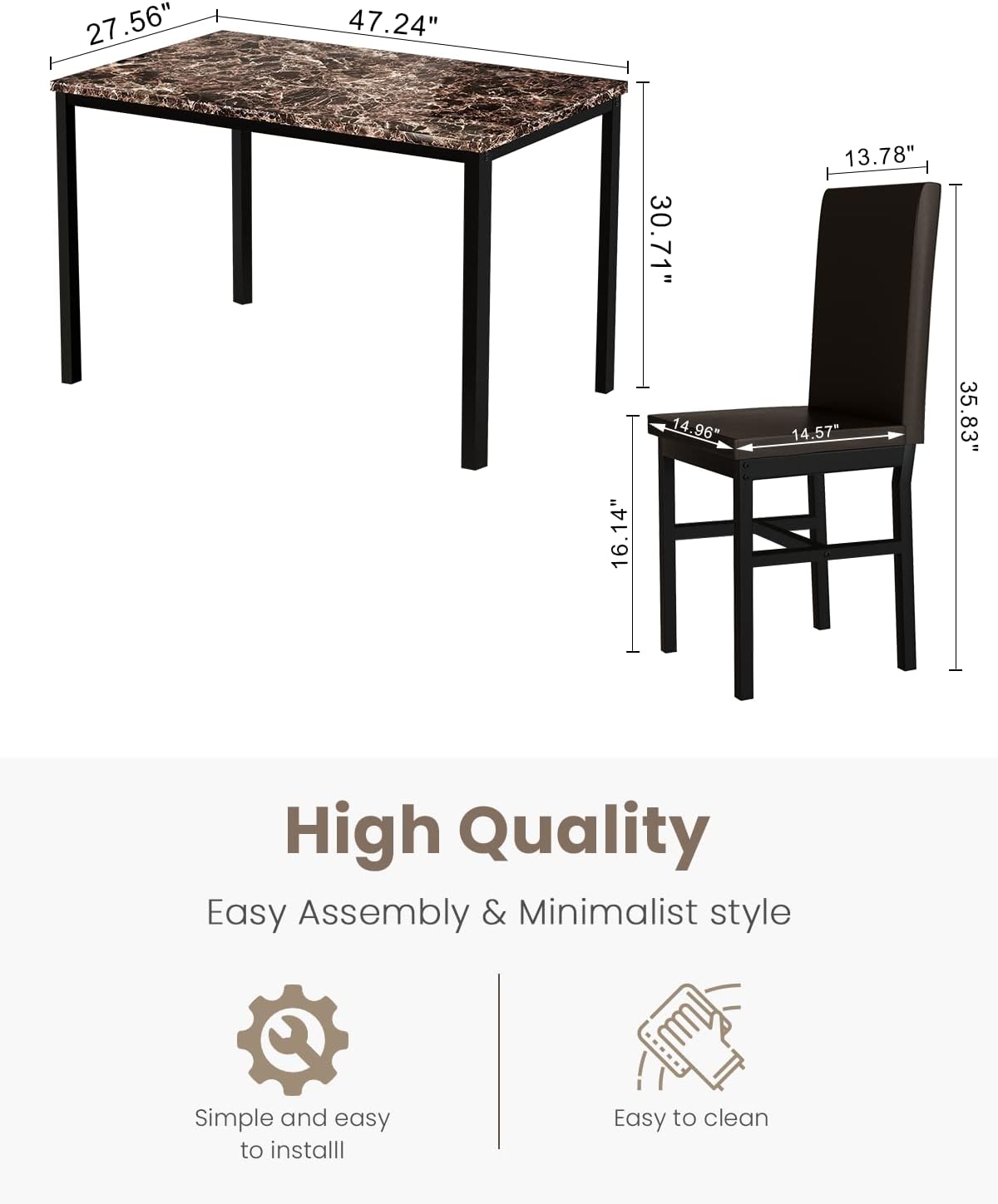 DKLGG Dining Table Set for 4, Modern Kitchen & Dining Room Sets Faux Marble Table with 4 Leather Chairs for Small Space, Home Kitchen, Apartment, Brown