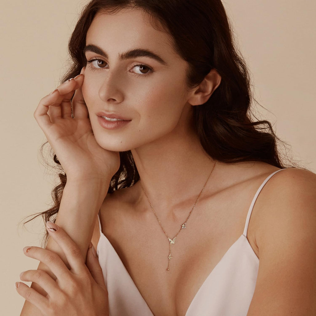 FANCIME 14K Solid Yellow Gold Double Butterfly Y Shape Pendant Necklace Diamond Cut Design Fine Jewelry Gift for Women, With 16+2' Solid Gold Cable Chain