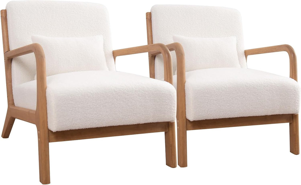 ANJ Mid Century Modern Accent Chair Set of 2, Single Boucle Lounge Reading Armchair with Solid Wood Frame, Easy Assembly Arm Chairs for Living Room, White