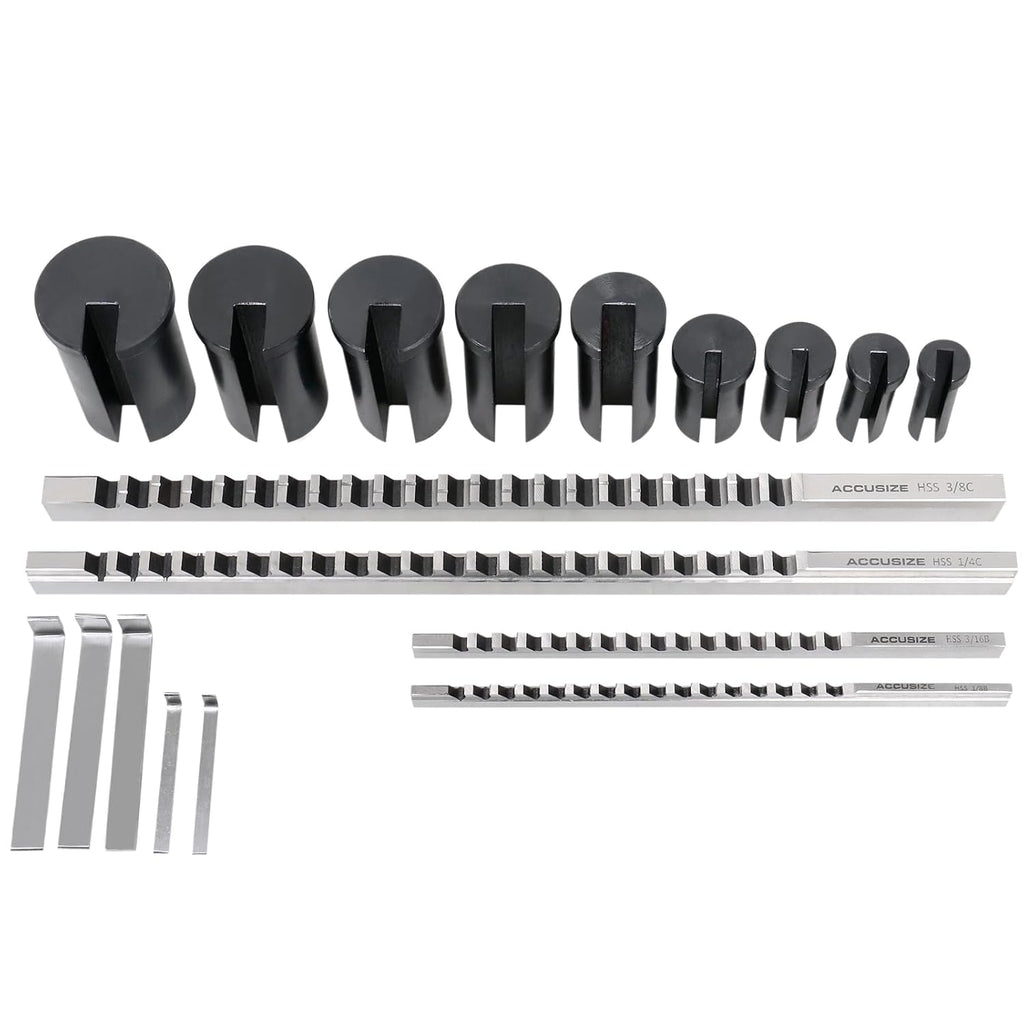 Accusize Industrial Tools - No.10 HSS Keyway Broach Set, 18 Pcs with Precision Ground Teeth, Includes 4 Broaches & 9 Bushings, 5100-0010 | Cuts 18 Keyways, B-1/8, 3/16, C-1/4, 3/8 in, Precision Ground HSS, Fitted Case, 5100-0010