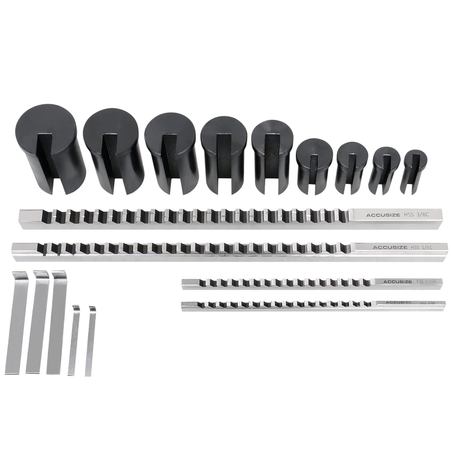 Accusize Industrial Tools - No.10 HSS Keyway Broach Set, 18 Pcs with Precision Ground Teeth, Includes 4 Broaches & 9 Bushings, 5100-0010 | Cuts 18 Keyways, B-1/8, 3/16, C-1/4, 3/8 in, Precision Ground HSS, Fitted Case, 5100-0010