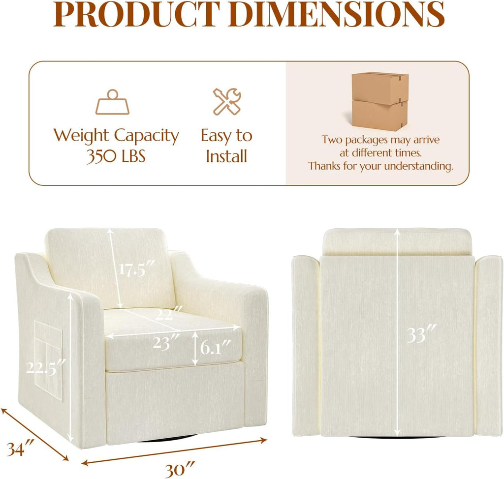 360° Swivel Accent Chair Set of 2, Large Comfy Reading Chairs, Square Single-Seat Armchair Upholstered Sofa for Reading, Nursery, Living Room, Bedroom, Lounge, Hotel, Beige