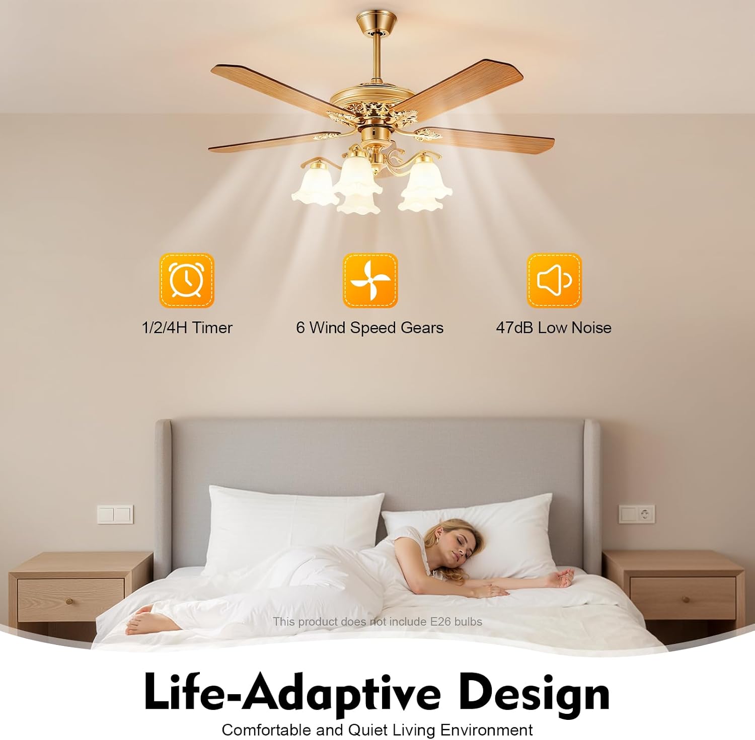52' Vintage Ceiling Fan with Light - Remote Control 6-Speed Flush Mount Fan with LED, 5 Wood Blades for Bedroom/Living Room/Dining Room (Gold,5203CFM)