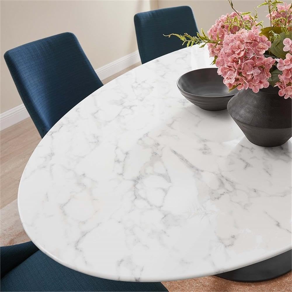 Modway Lippa 78' Oval-Shaped Mid-Century Modern Dining Table with Artificial Marble Top and Black Base