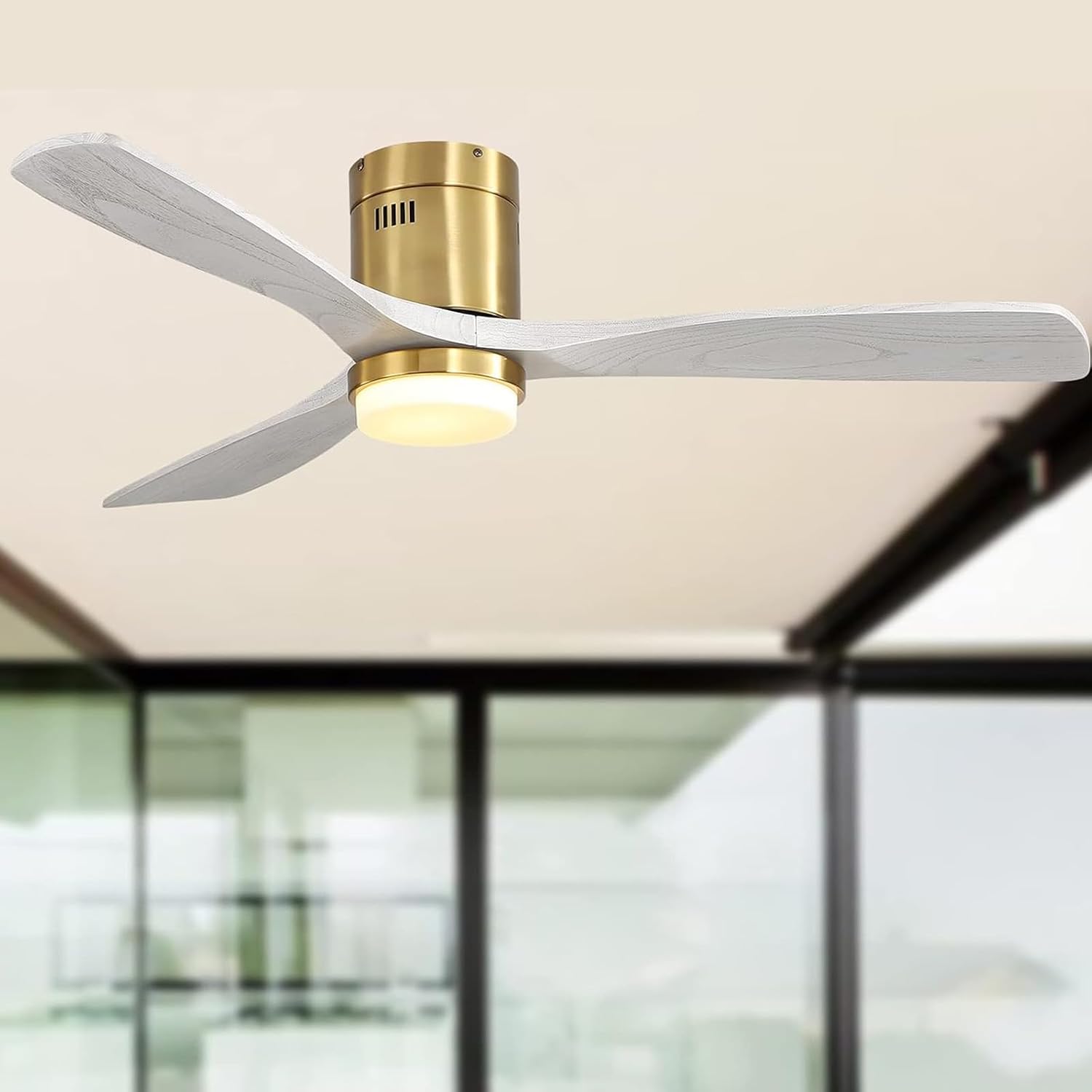 Sofucor 52 Inch Low Profile Ceiling Fan With Lights and Remote, Outdoor Modern Flush Mount Ceiling Fan 6-SPeed 3-CCT with Timer 3 Wood Blades for Bedroom Living Room Patios