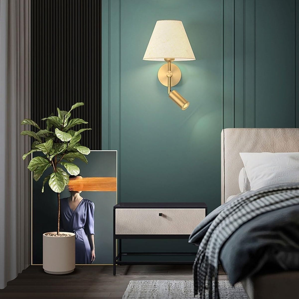 White Fabric Wall Light Modern Brass Reading All Copper Lamps Bedside Sconce with Spotlight Indoor Mounted E27 Base Lighting for Living Room Restaurant Loft Kitc Oldsix-66