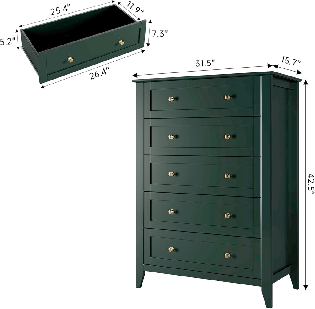 IDEALHOUSE Green 5 Drawer Dresser for Bedroom, Tall Dresser with Deep Drawers & Metal Knobs, Modern Wooden Chests of Drawers for Entryway, Hallway