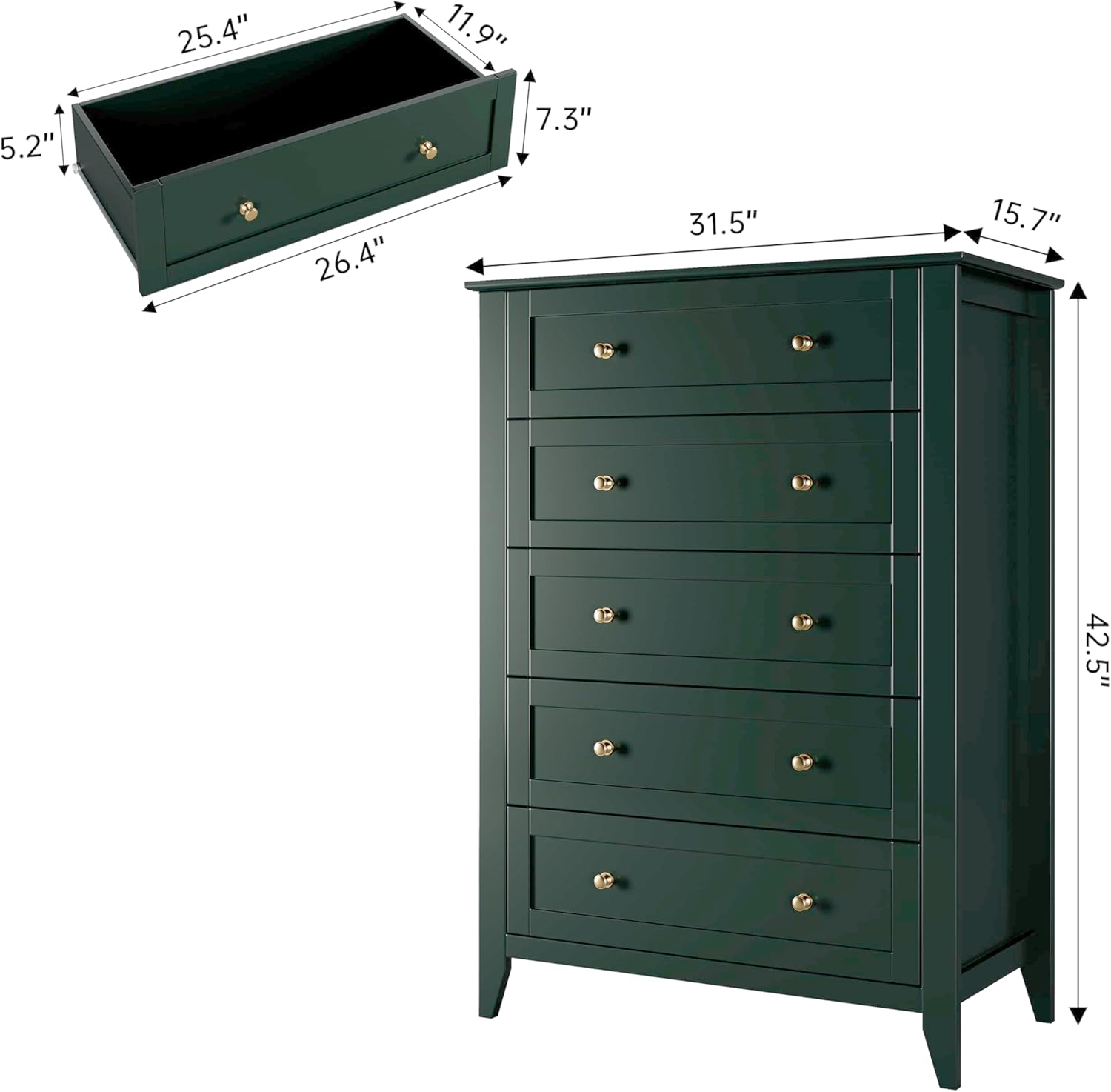 IDEALHOUSE Green 5 Drawer Dresser for Bedroom, Tall Dresser with Deep Drawers & Metal Knobs, Modern Wooden Chests of Drawers for Entryway, Hallway