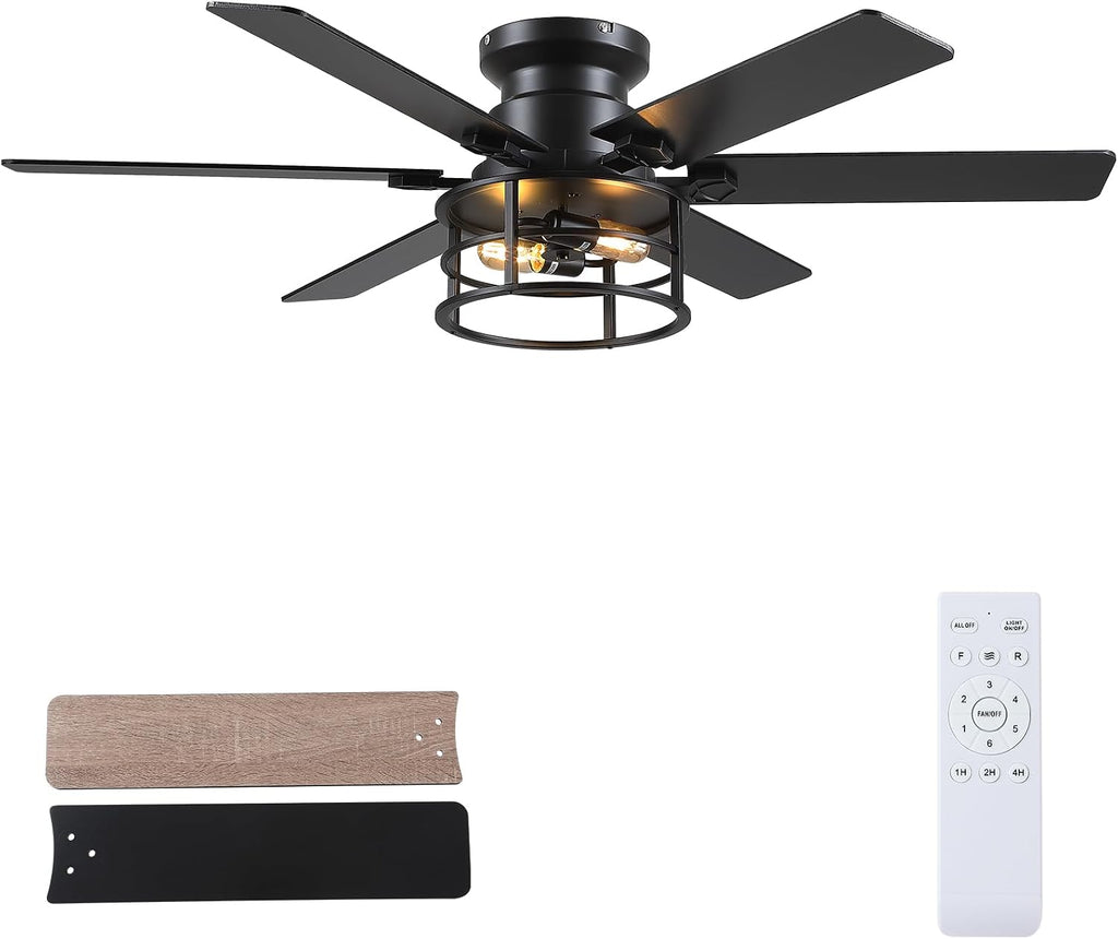 Hounberi 52' Caged Ceiling Fan with Lights and Remote, 6-Speed Quiet DC Motor & E26 Base, 6 Reversible Blades for Black & Wood, Modern Rustic Low Profile Ceiling Fans for Bedroom & Living Room