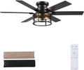 Hounberi 52' Caged Ceiling Fan with Lights and Remote, 6-Speed Quiet DC Motor & E26 Base, 6 Reversible Blades for Black & Wood, Modern Rustic Low Profile Ceiling Fans for Bedroom & Living Room