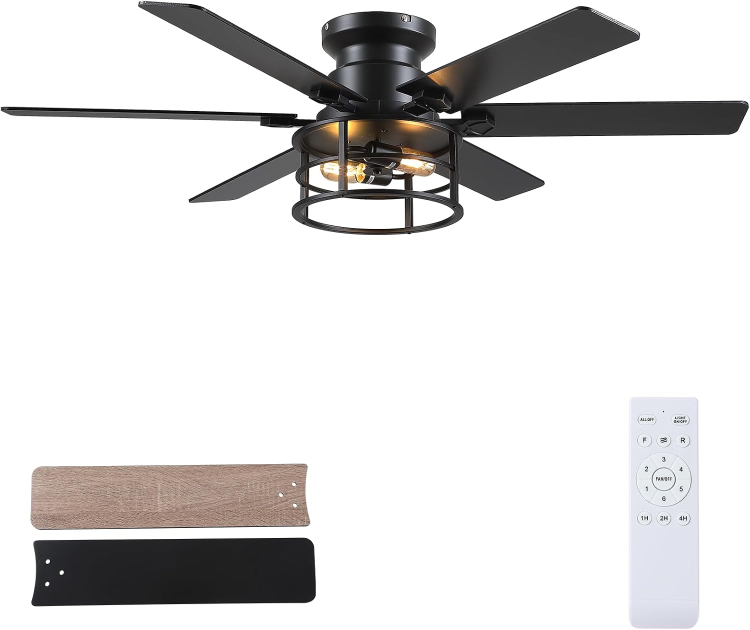 Hounberi 52' Caged Ceiling Fan with Lights and Remote, 6-Speed Quiet DC Motor & E26 Base, 6 Reversible Blades for Black & Wood, Modern Rustic Low Profile Ceiling Fans for Bedroom & Living Room