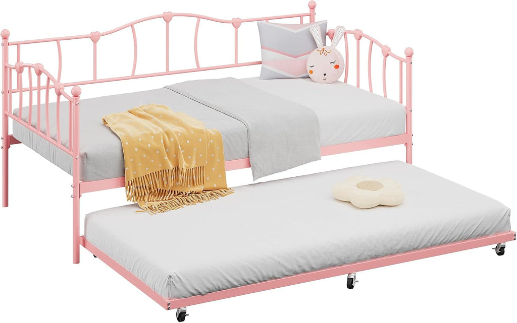 GarveeHome Twin Daybed with Trundle, Metal Sofa Bed Frame with Steel Slat Support, for Living Room, Bedroom, Love Heart Design, No Box Spring Needed, Pink