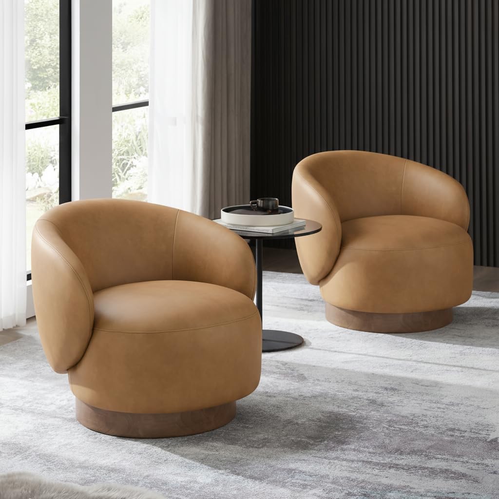 KISLOT Swivel Accent Chair Modern Round Barrel Armchair with Upholstered Faux Leather for Living Room Bedroom Waitingroom,2 Box,Brown