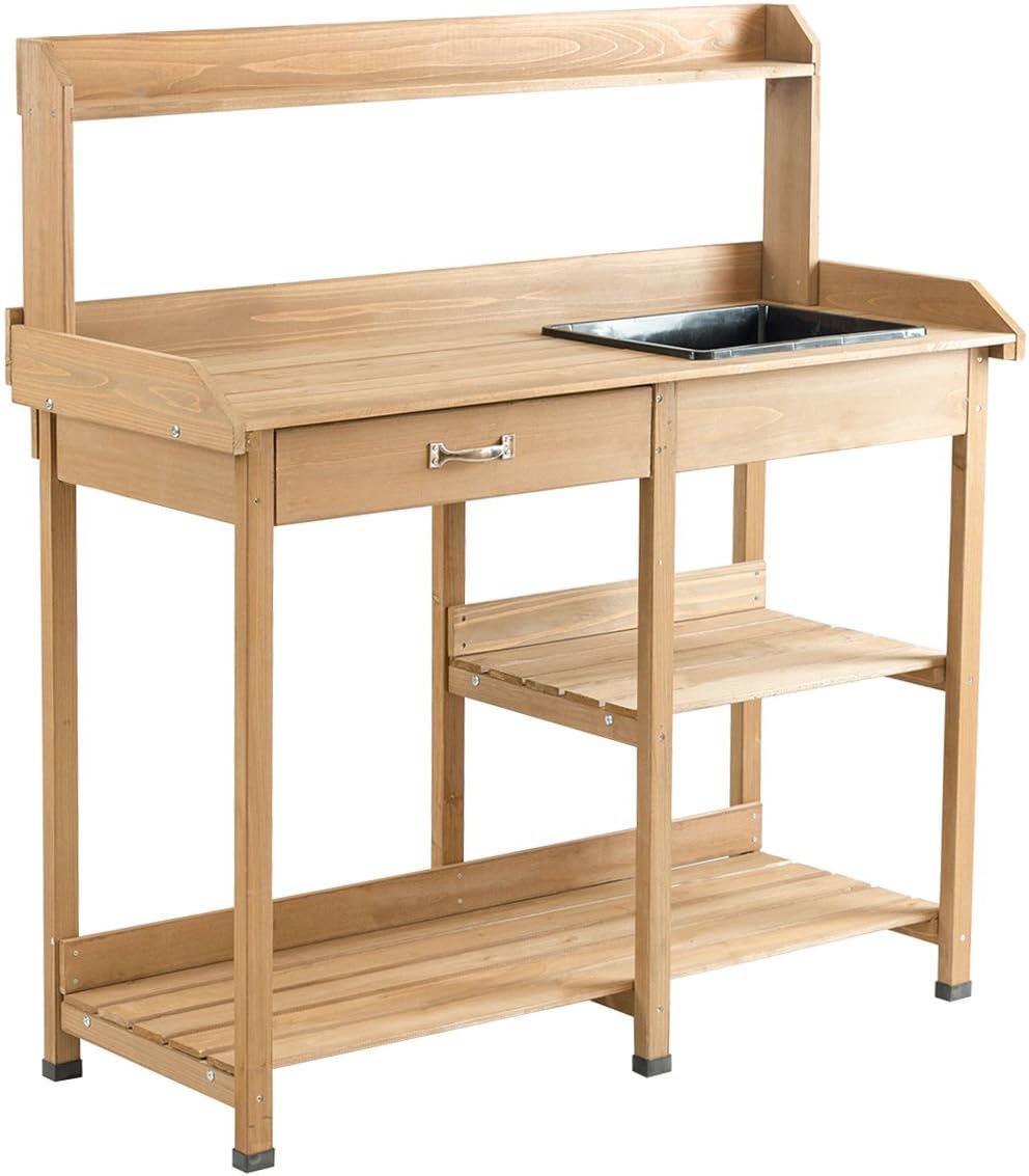 Wooden Outdoor Planting Gardening Garden Potting Bench Workbench Workstation Table Removable Sink Drawer 2 Tiers Storage Shelves Rack Open Shelf 3 Side Hooks Gardening Supplies Tools Storage
