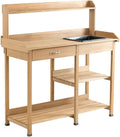 Wooden Outdoor Planting Gardening Garden Potting Bench Workbench Workstation Table Removable Sink Drawer 2 Tiers Storage Shelves Rack Open Shelf 3 Side Hooks Gardening Supplies Tools Storage