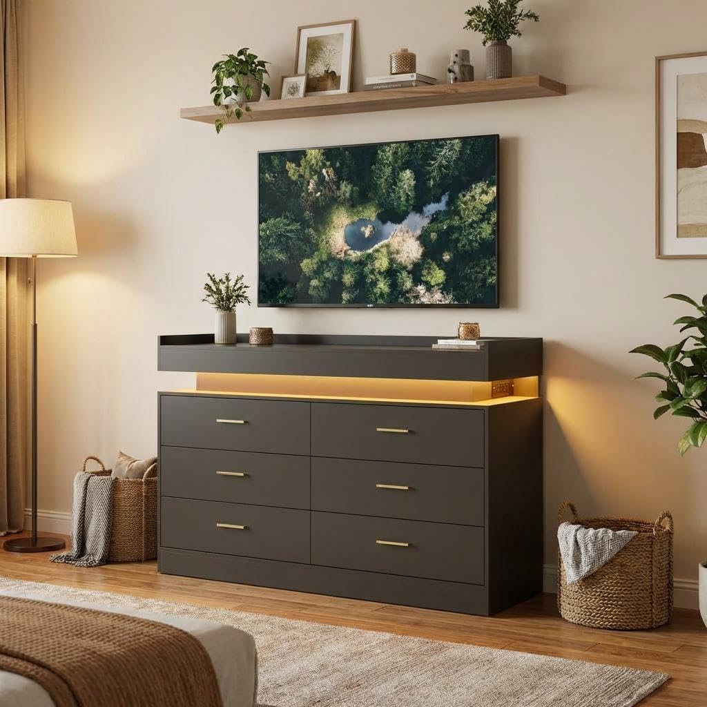 TV Stand Cabinet with LED Lights & Charging Station, Coffee Bar Cabinet Floating Countertop, Modern Sideboard Buffet 6 Drawers for Home, Living Room, Black