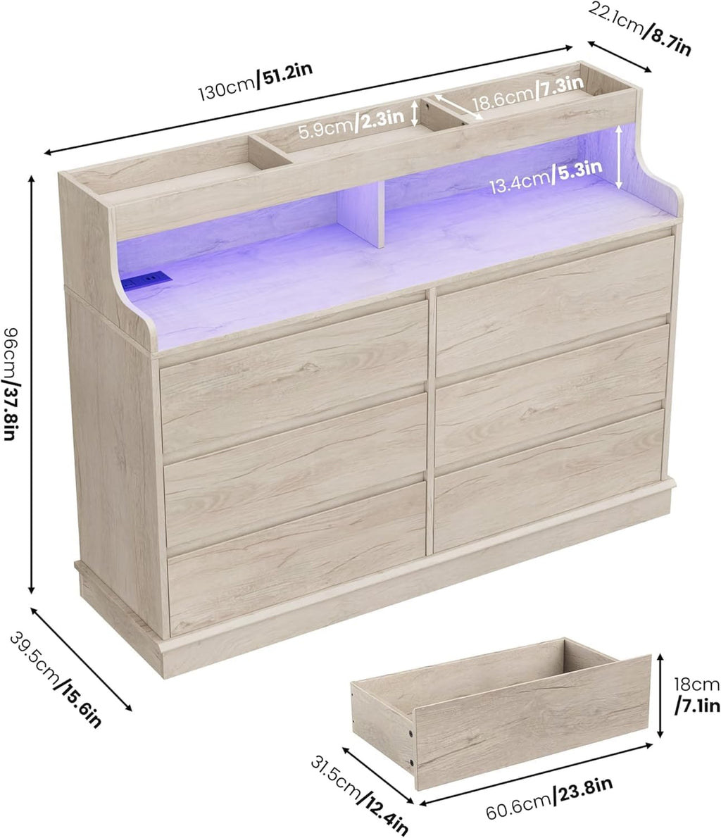 Garvee LED Dresser with Charging Station - Modern 5-Drawer 47' Wide Wooden Chest, Storage Organizer for Bedroom, Nursery, Hallway & Apartments