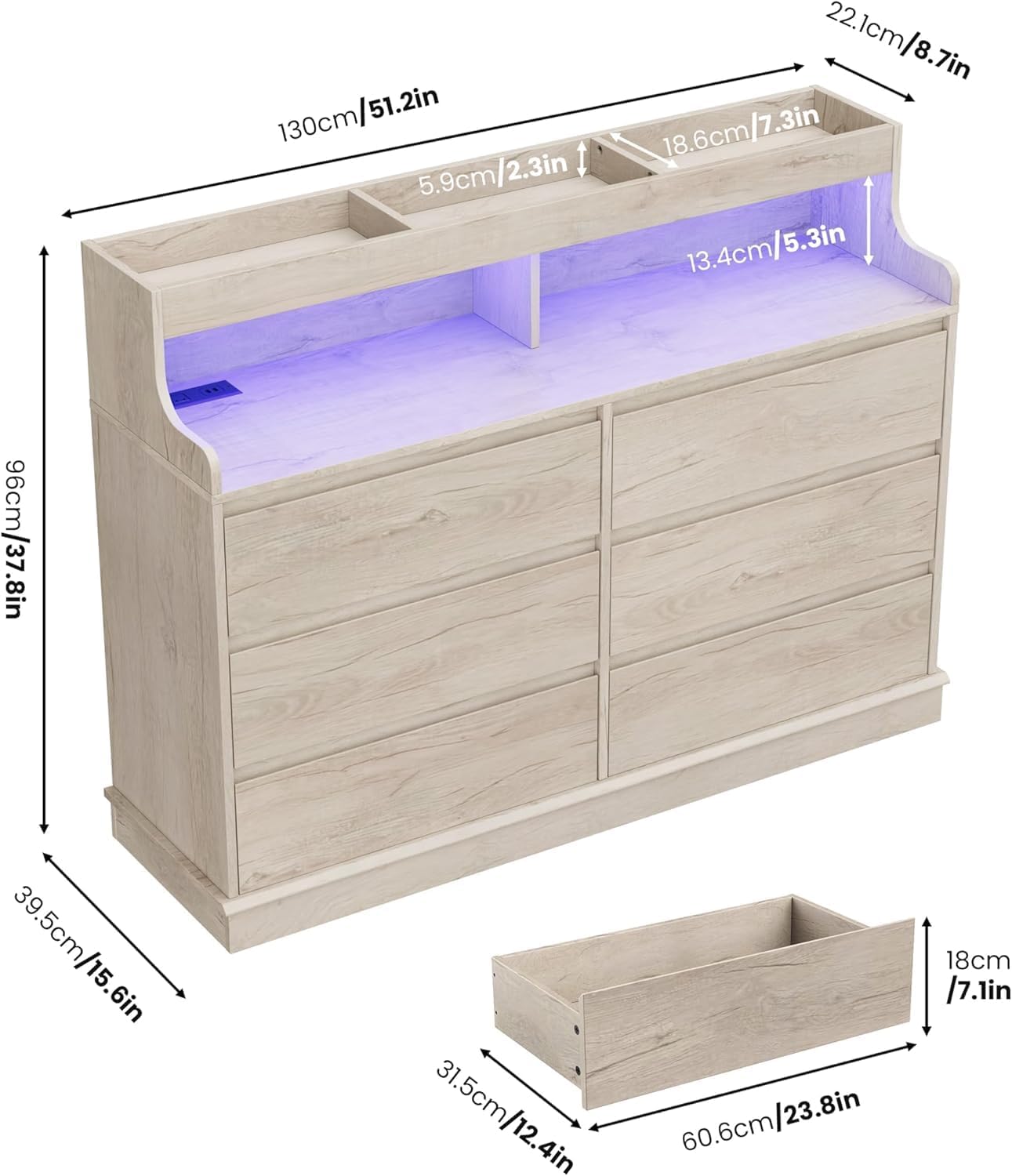 Garvee LED Dresser with Charging Station - Modern 5-Drawer 47' Wide Wooden Chest, Storage Organizer for Bedroom, Nursery, Hallway & Apartments