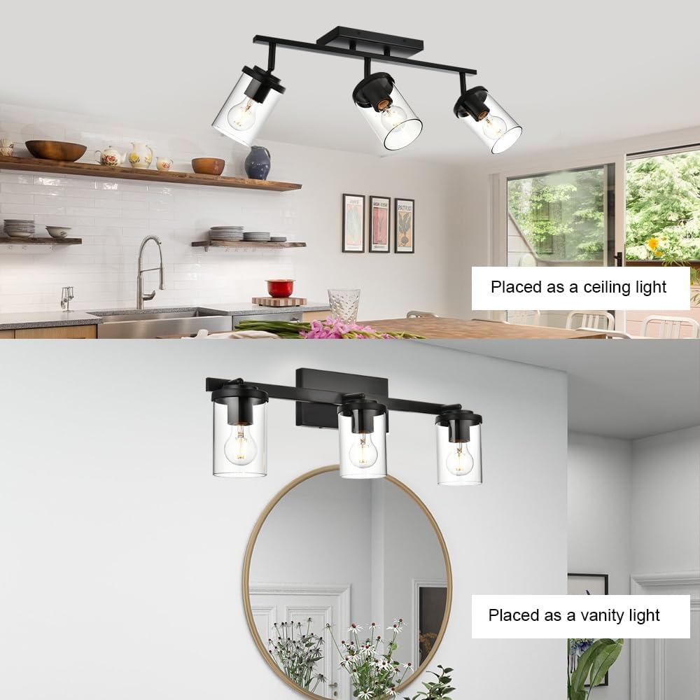 BONLICHT Industrial Vintage Indoor Wall Mount Spotlight 3 Light Modern Semi Flush Mount Ceiling Light Black Adjustable Track Lighting Kit Rustic Bathroom Vanity Light Fixture with Clear Glass Shade