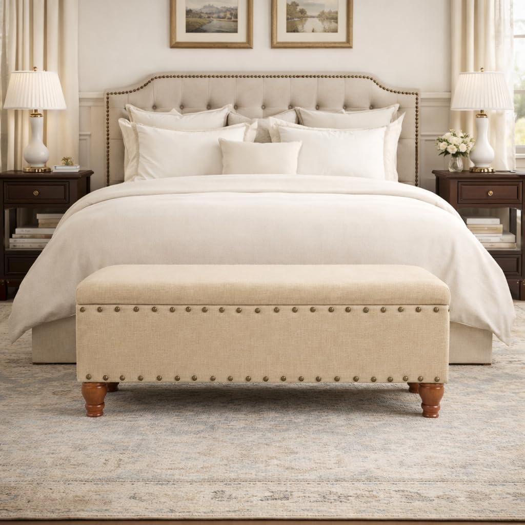 Homepop Home Decor | Upholstered Bench with Nailhead Trim | Large Ottoman with Storage for Living Room & Bedroom | Decorative Home Furniture, Tan Linen