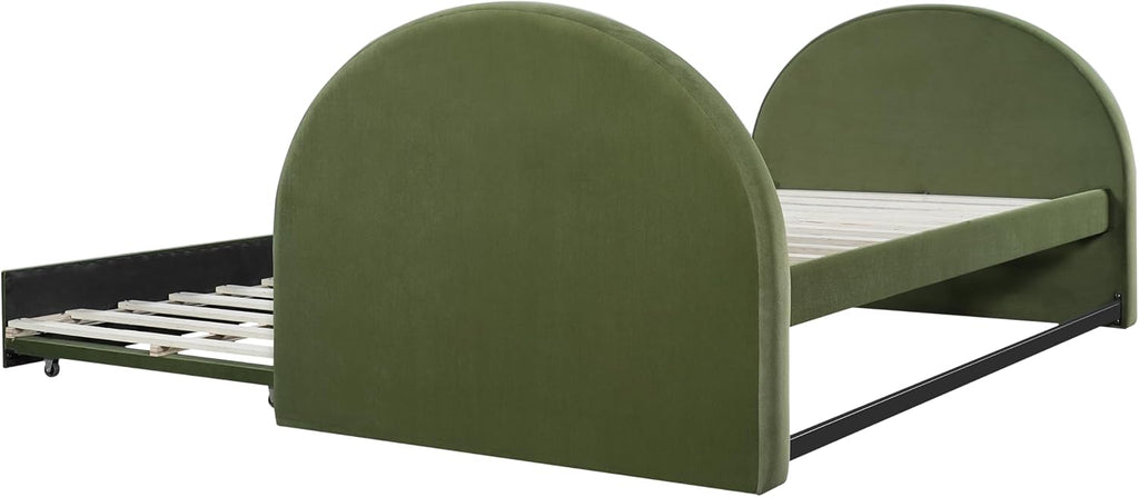 Christopher Knight Home Leonhart Velvet Upholstered Full Size Bed Frame with Headboard/Footboard, Day Bed Frame with Pull-Out Functionality, Iron Frame + Wooden Slat Trundle Bed Full, Olive Green