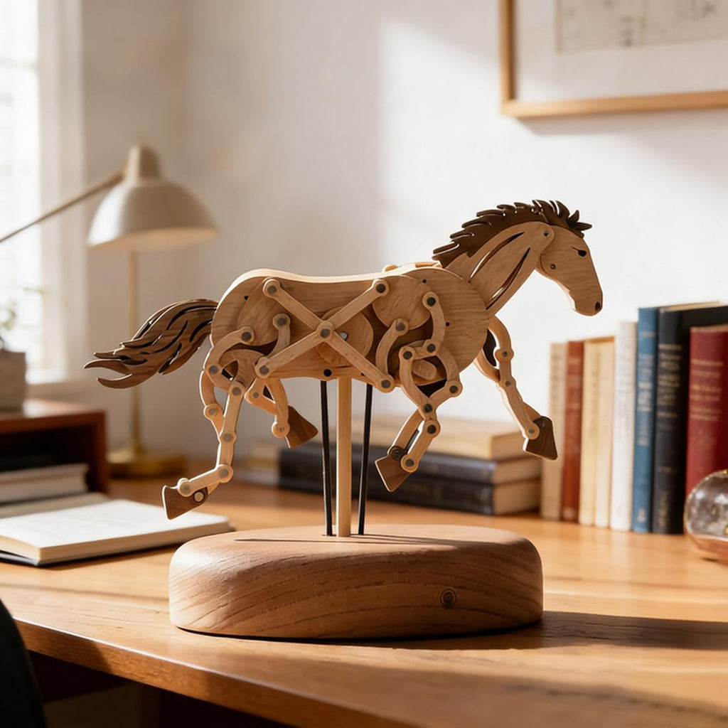 Wooden Crafts for Adults,Solid Wood Horse Dynamic Model with Mortise and Tenon Assembly,Handmade Mechanical Horse Sculpture for Desktop Decor and Home Office Entryway,Non-Music Box