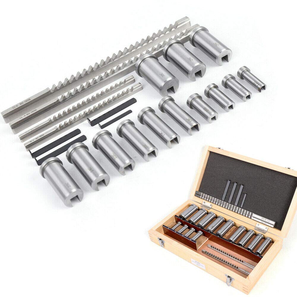 22Pcs Keyway Broach Kit Keyway Broach Set Collared Bushing Shim Sets Metric Size Set w/ 4 Pcs Broach & 13 Collared Bushing & 5 Gaskets High Speed Steel CNC Metal Metalworking Industrial Tools