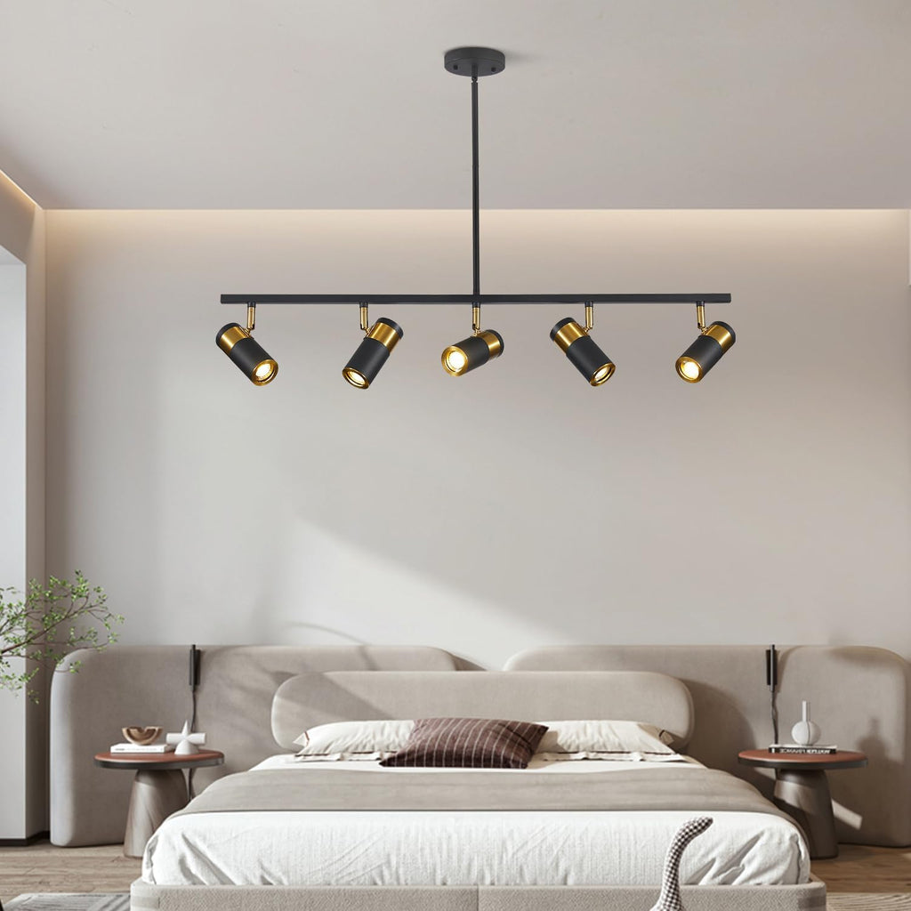 5 Light Modern Track Light Chandelier Industrial LED Hanging Track Lighting Kit Farmhouse Black and Gold Kitchen Track Lighting Fixtures Adjustable Ceiling Mount Linear Spotlights MCL05-5P BK
